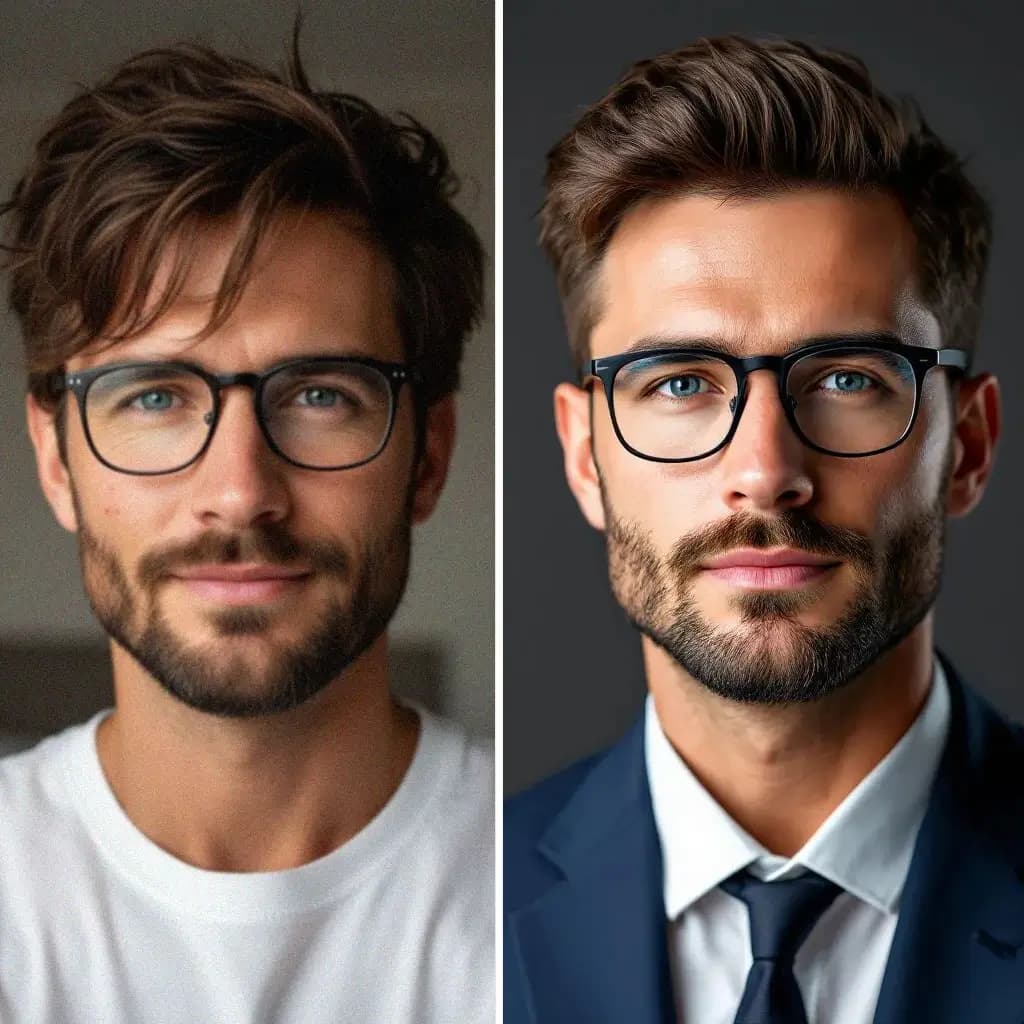 Vergleich: Selfie vorher und KI Profilbild mit Headyshot generiert.